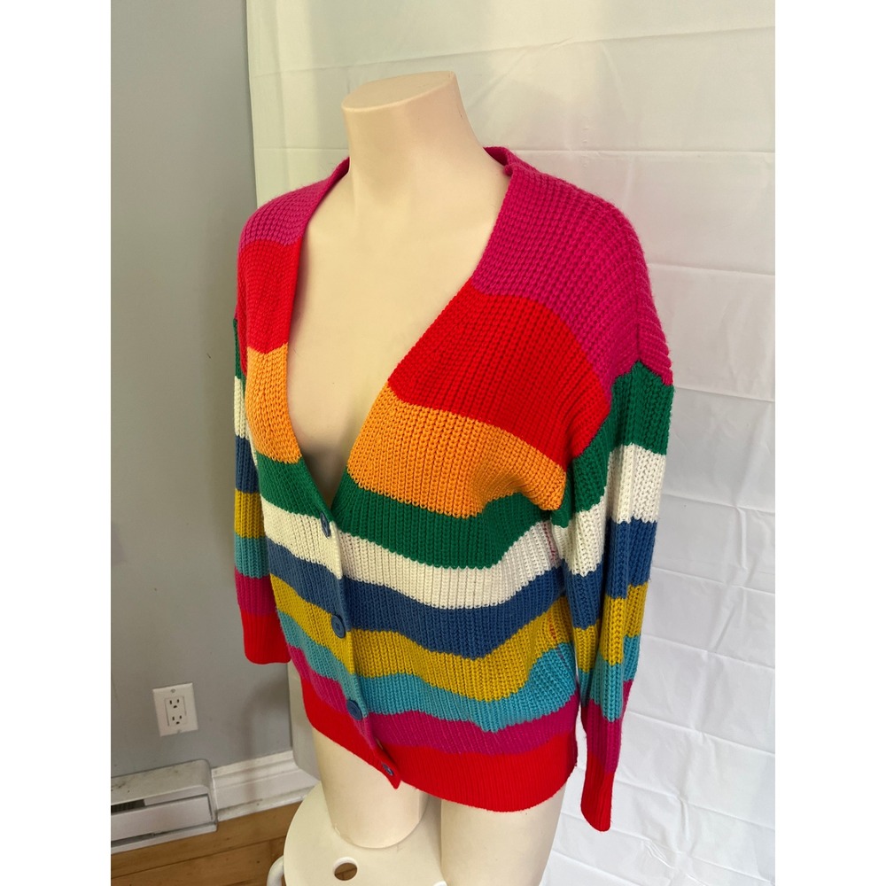 Rainbow Striped Chunky Knit Button Front Cardigan Sweater V-Neck Multi-Color - Picture 2 of 7